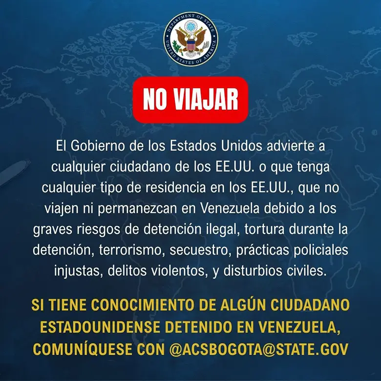 NOTICIA: EE.UU. emite alerta máxima y pide no viajar a Venezuela por riesgo de detención y violencia EE.UU. emite alerta máxima y pide no viajar a Venezuela por riesgo de detención y violencia