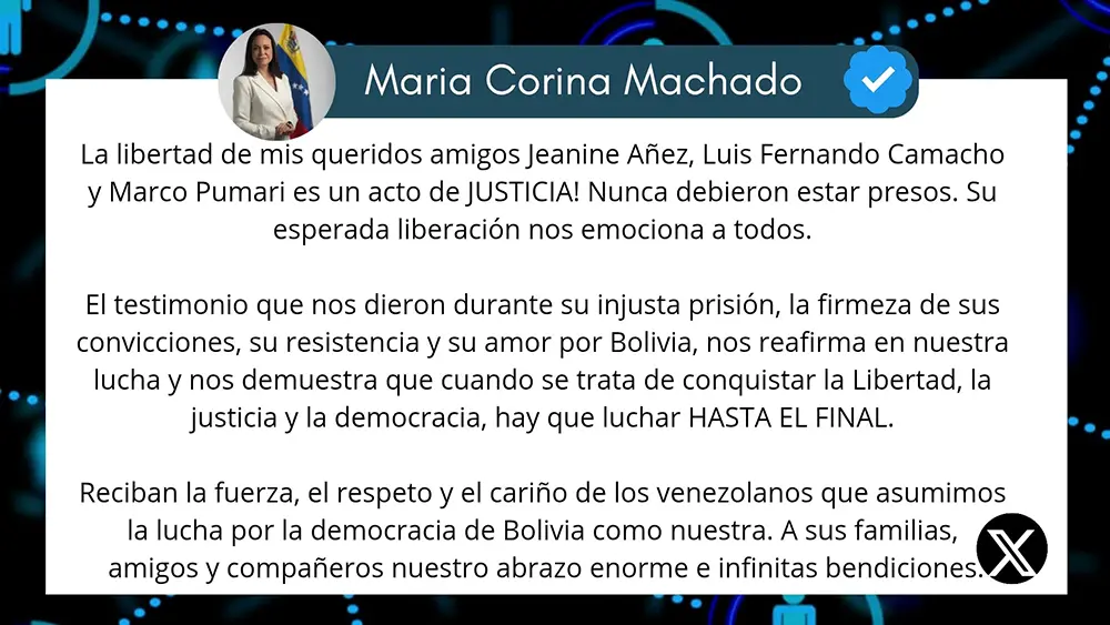 NOTICIA: María Corina Machado envía mensaje de apoyo a Jeanine Áñez, Marco Pumari y Luis Fernando Camacho María Corina Machado envía mensaje de apoyo a Jeanine Áñez, Marco Pumari y Luis Fernando Camacho