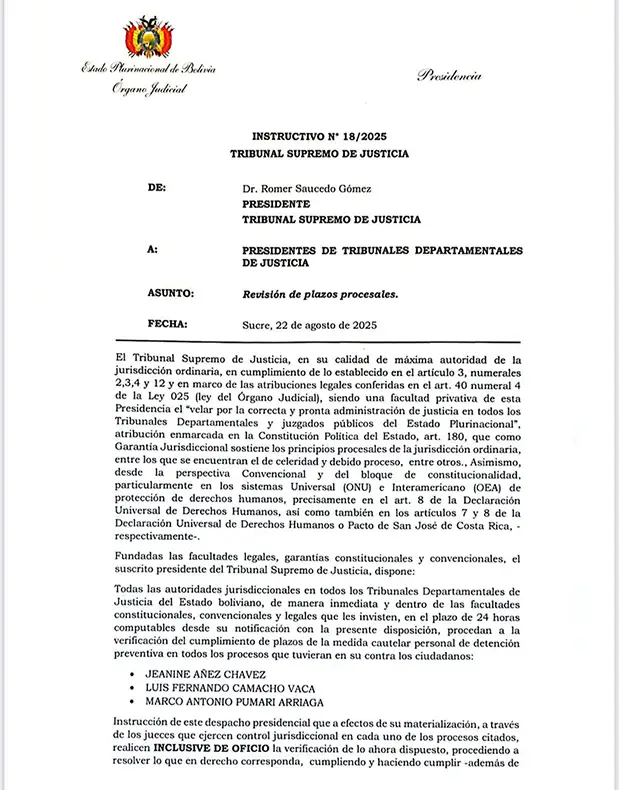 NOTICIA: TSJ ordena revisión urgente de detenciones preventivas de Añez, Camacho y Pumari en Bolivia TSJ ordena revisión urgente de detenciones preventivas de Añez, Camacho y Pumari en Bolivia